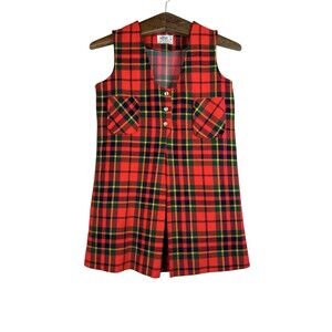 Alfar Vintage Red Tartan Plaid Sleeveless Dress Girls Size 12 Retro Preppy